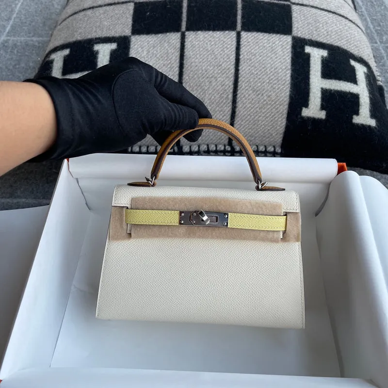 MINI KELLY II (20) EPSOM LEATHER HORSESHOE STAMP (HSS) CRAIE & JAUNE POUSSIN & SESAME WITH PALLADIUM HARDWARE (PHW) - 2