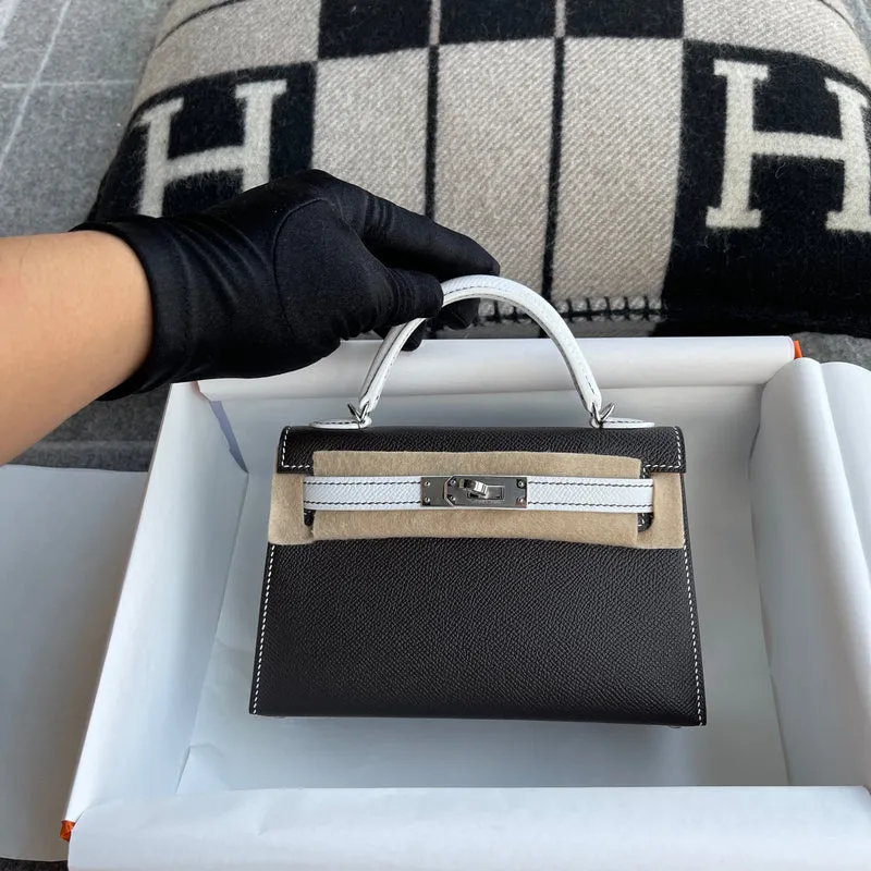 MINI KELLY II (20) EPSOM LEATHER HORSESHOE STAMP (HSS) BI-COLOR NOIR (BLACK) & BLANC WITH PALLADIUM HARDWARE (PHW) - 2