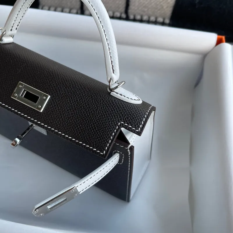 MINI KELLY II (20) EPSOM LEATHER HORSESHOE STAMP (HSS) BI-COLOR NOIR (BLACK) & BLANC WITH PALLADIUM HARDWARE (PHW) - 5