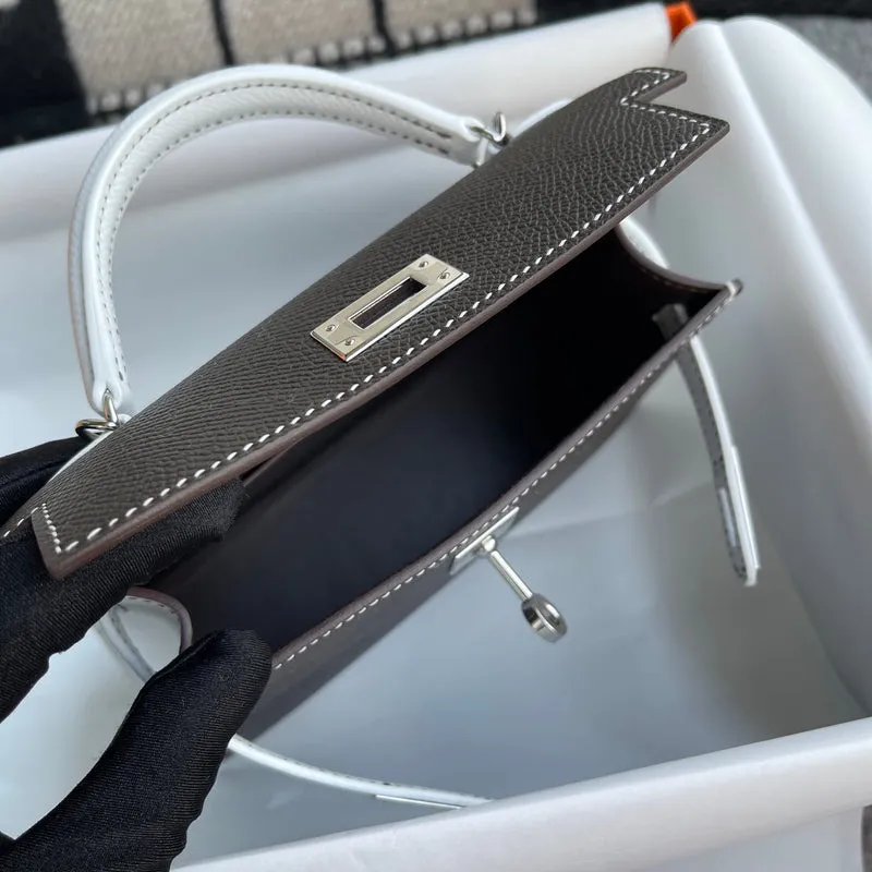 MINI KELLY II (20) EPSOM LEATHER HORSESHOE STAMP (HSS) BI-COLOR NOIR (BLACK) & BLANC WITH PALLADIUM HARDWARE (PHW) - 6