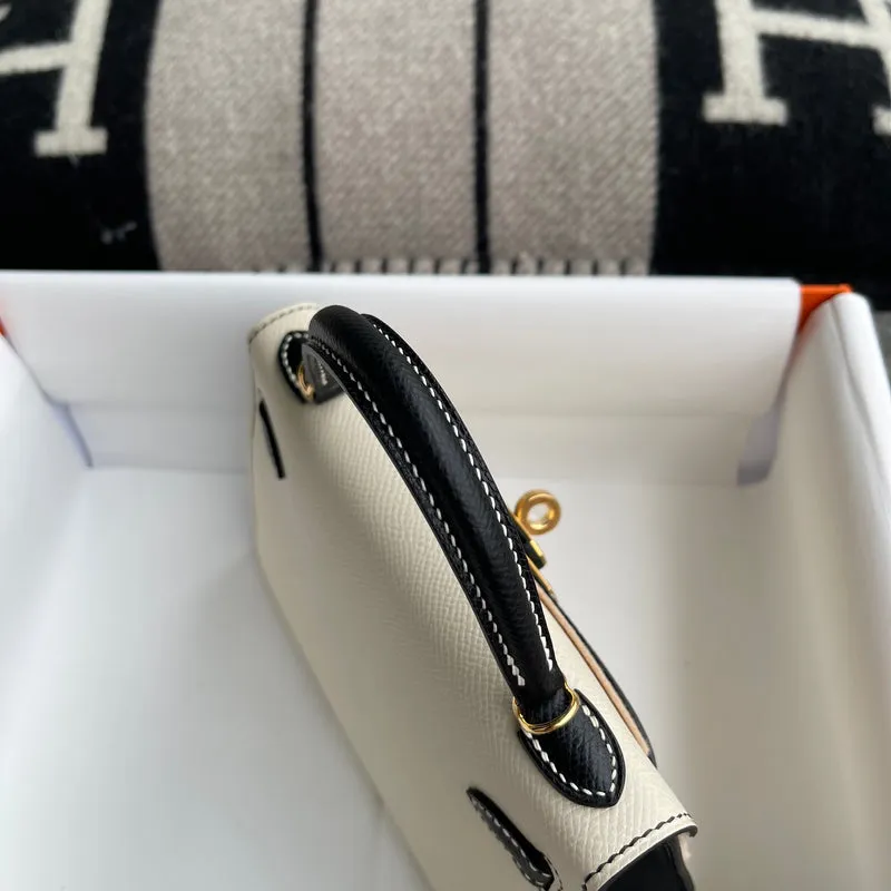 MINI KELLY II (20) EPSOM LEATHER HORSESHOE STAMP (HSS) BI-COLOR CRAIE & NOIR (BLACK) WITH GOLD HARDWARE (GHW) - 6