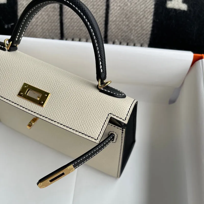 MINI KELLY II (20) EPSOM LEATHER HORSESHOE STAMP (HSS) BI-COLOR CRAIE & NOIR (BLACK) WITH GOLD HARDWARE (GHW) - 4