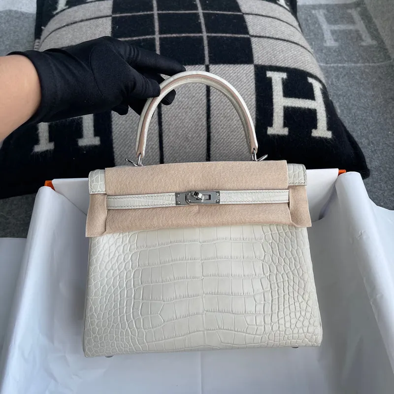 KELLY 25 MATTE MISSISSIPPIENSIS ALLIGATOR LEATHER BETON WITH PALLADIUM HARDWARE (PHW) - 2