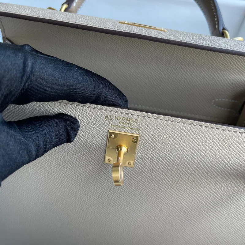 KELLY 25 EPSOM LEATHER HORSESHOE STAMP (HSS) BI-COLOR TRENCH & ETOUPE WITH BRUSHED GOLD HARDWARE (BGHW) - 11