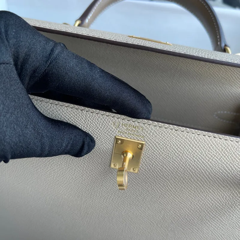 KELLY 25 EPSOM LEATHER HORSESHOE STAMP (HSS) BI-COLOR TRENCH & ETOUPE WITH BRUSHED GOLD HARDWARE (BGHW) - 12