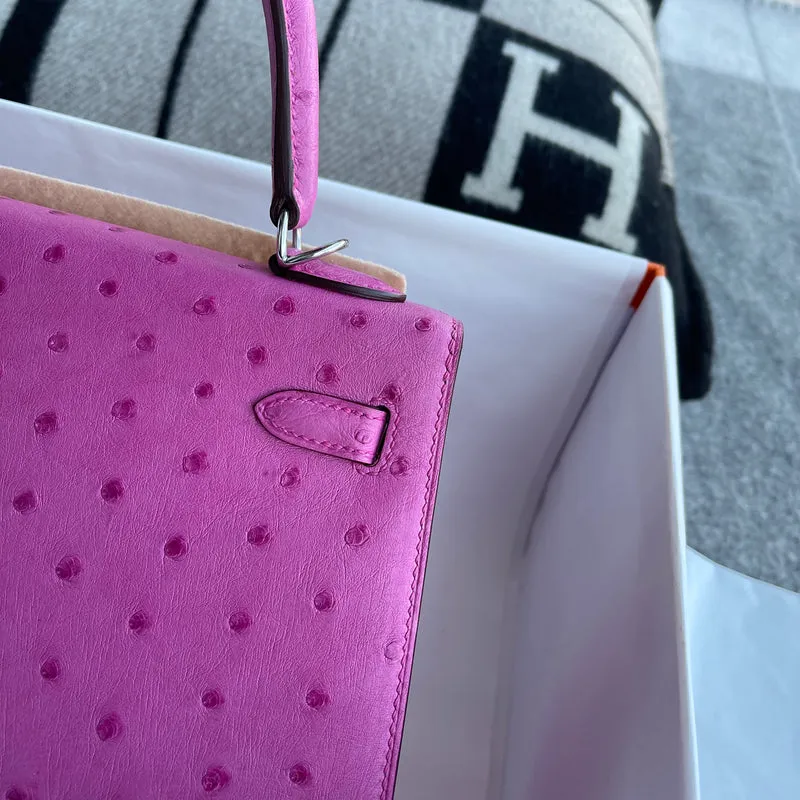 KELLY 25 OSTRICH LEATHER ROSE TYRIEN WITH PALLADIUM HARDWARE (PHW) - 5