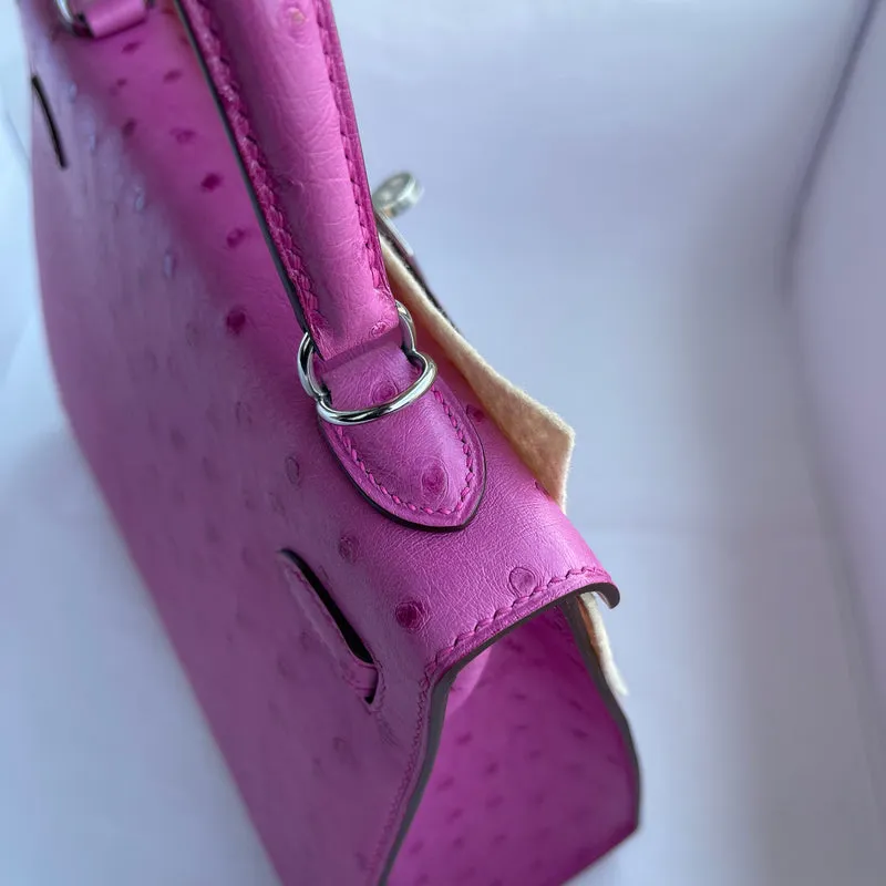 KELLY 25 OSTRICH LEATHER ROSE TYRIEN WITH PALLADIUM HARDWARE (PHW) - 10