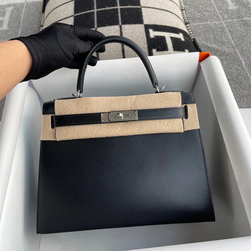 KELLY 28 BLACK BOX CALF LEATHER WITH PALLADIUM HARDWARE (PHW) - 2