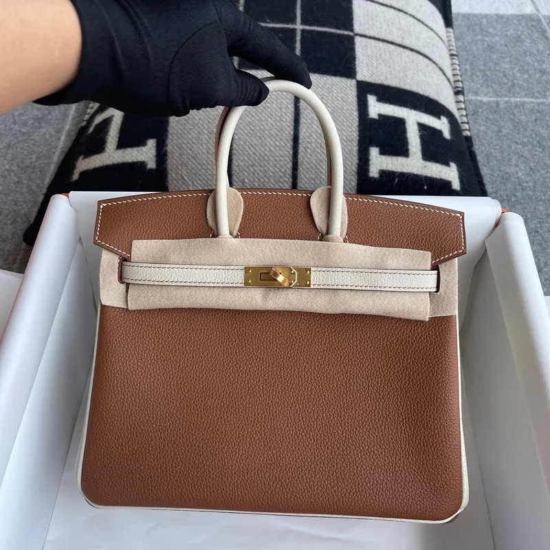 BIRKIN 25 TOGO LEATHER HORSESHOE STAMP (HSS) BI-COLOR CRAIE & GOLD WITH BRUSHED GOLD HARDWARE (BGHW) - 2