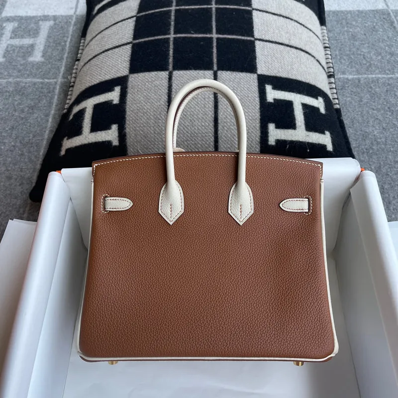 BIRKIN 25 TOGO LEATHER HORSESHOE STAMP (HSS) BI-COLOR CRAIE & GOLD WITH BRUSHED GOLD HARDWARE (BGHW) - 3