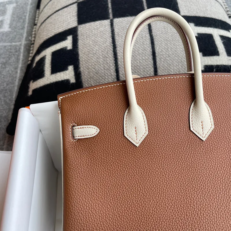 BIRKIN 25 TOGO LEATHER HORSESHOE STAMP (HSS) BI-COLOR CRAIE & GOLD WITH BRUSHED GOLD HARDWARE (BGHW) - 5