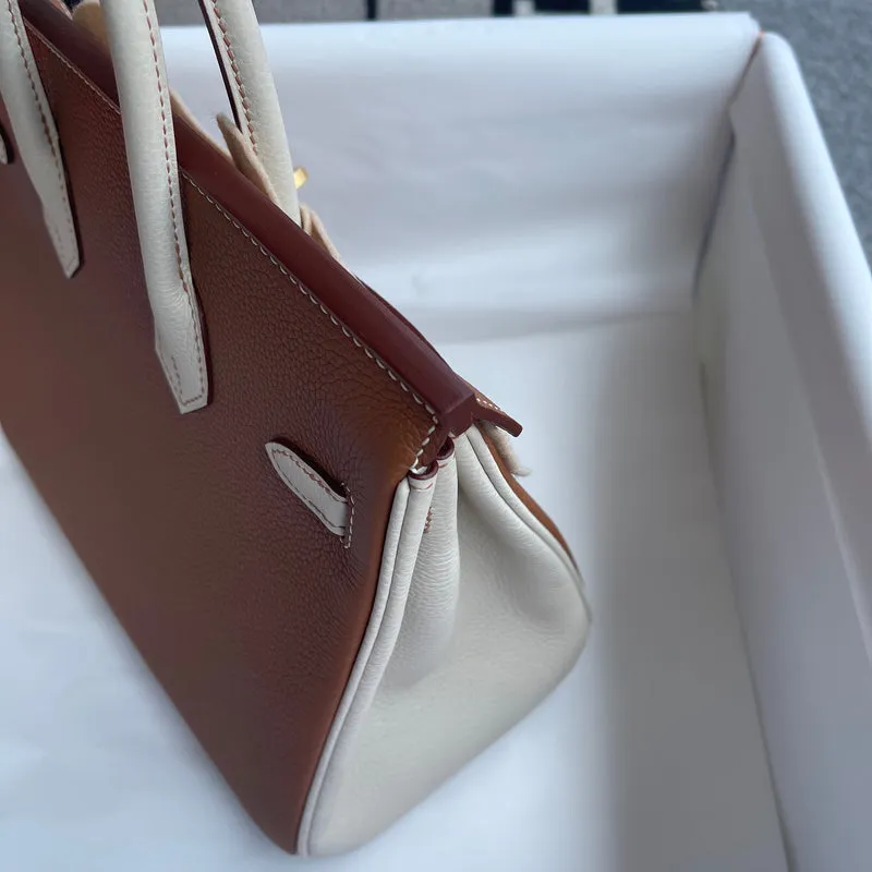 BIRKIN 25 TOGO LEATHER HORSESHOE STAMP (HSS) BI-COLOR CRAIE & GOLD WITH BRUSHED GOLD HARDWARE (BGHW) - 7