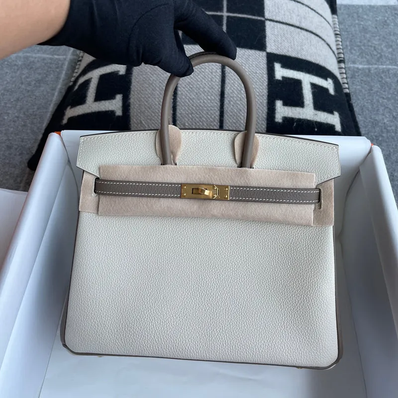 BIRKIN 25 TOGO LEATHER HORSESHOE STAMP (HSS) BI-COLOR CRAIE & ETAIN WITH BRUSHED GOLD HARDWARE (BGHW) - 2