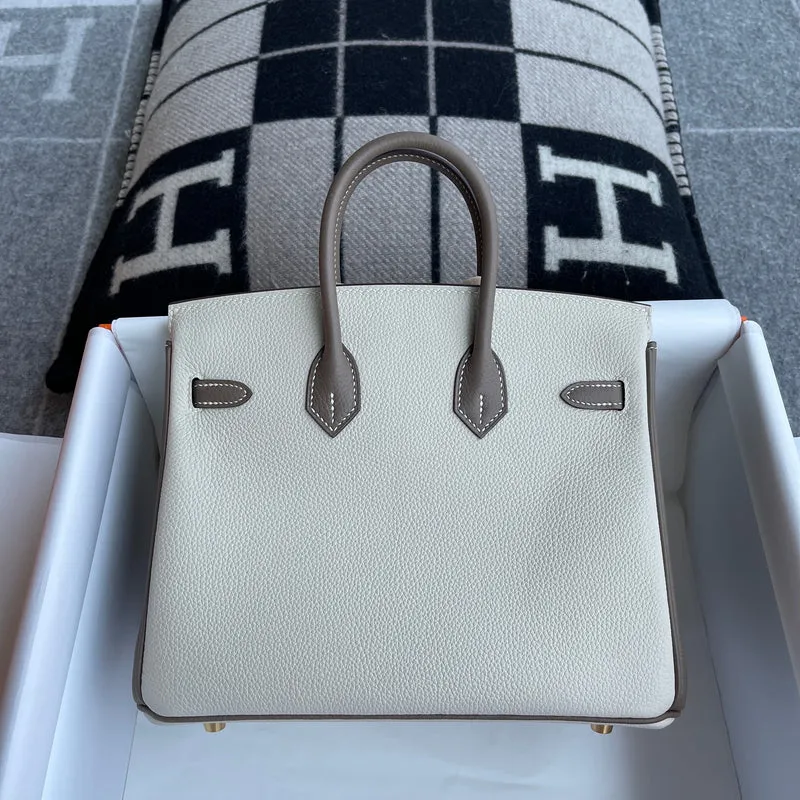 BIRKIN 25 TOGO LEATHER HORSESHOE STAMP (HSS) BI-COLOR CRAIE & ETAIN WITH BRUSHED GOLD HARDWARE (BGHW) - 3