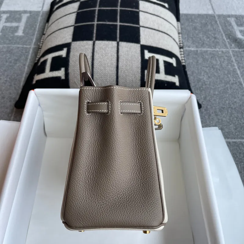 BIRKIN 25 TOGO LEATHER HORSESHOE STAMP (HSS) BI-COLOR CRAIE & ETAIN WITH BRUSHED GOLD HARDWARE (BGHW) - 9