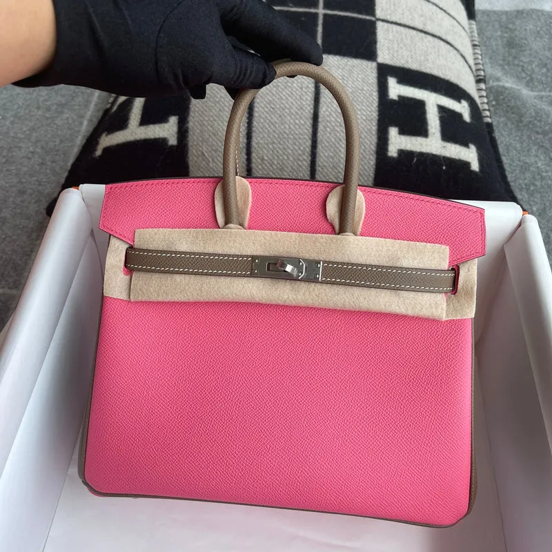 BIRKIN 25 TOGO LEATHER HORSESHOE STAMP (HSS) BI-COLOR ROSE AZALEE & ETOUPE WITH PALLADIUM HARDWARE (PHW) - 2