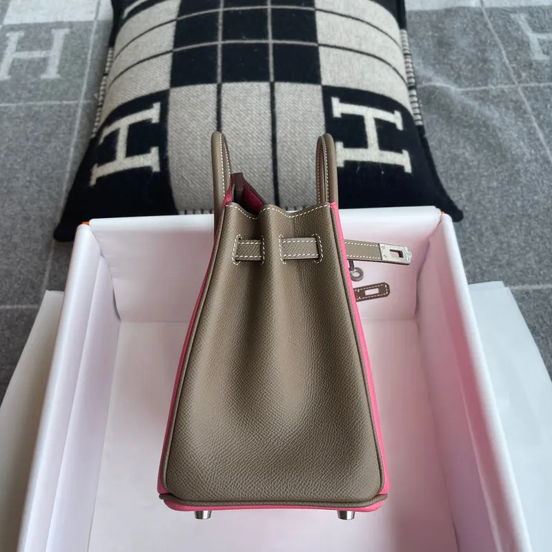 BIRKIN 25 TOGO LEATHER HORSESHOE STAMP (HSS) BI-COLOR ROSE AZALEE & ETOUPE WITH PALLADIUM HARDWARE (PHW) - 4