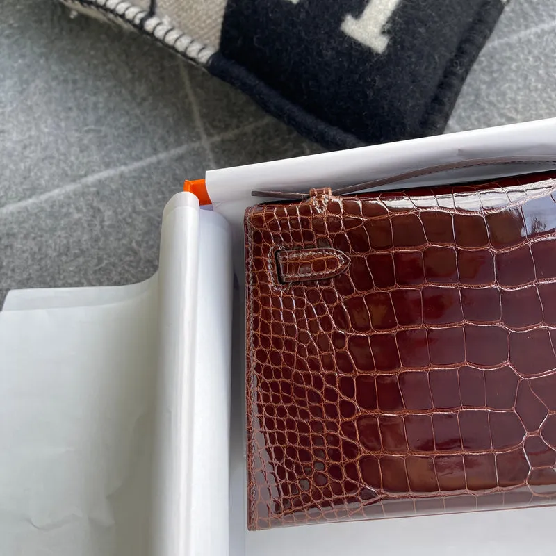 KELLY POCHETTE SHINY (LISSE) MISSISSIPPIENSIS ALLIGATOR LEATHER BORDEAUX WITH PALLADIUM HARDWARE (PHW) - 10