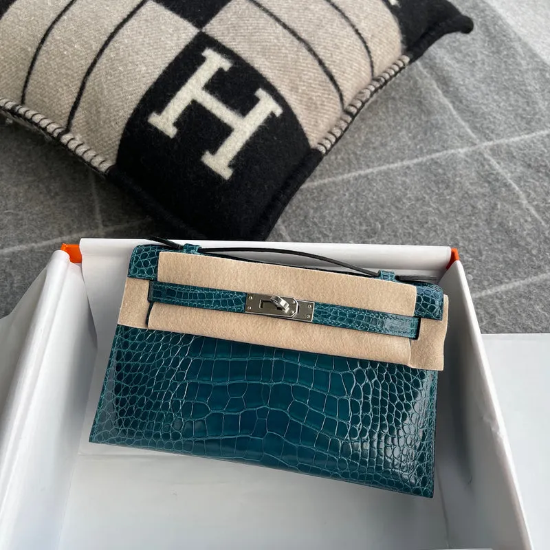 KELLY POCHETTE SHINY (LISSE) MISSISSIPPIENSIS ALLIGATOR LEATHER BLEU IZMIR WITH PALLADIUM HARDWARE (PHW) - 2