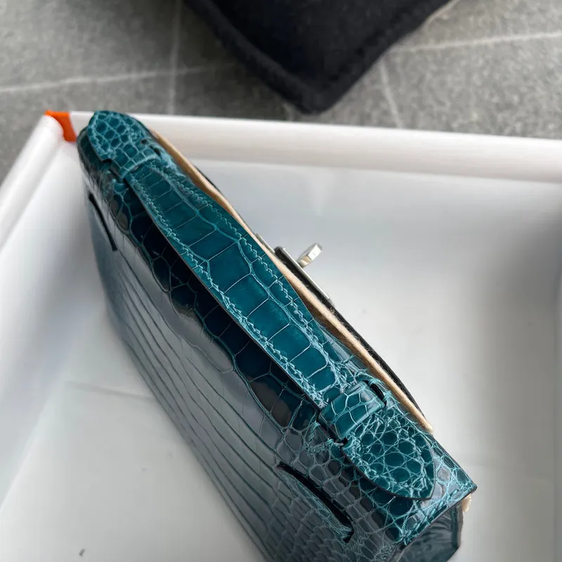 KELLY POCHETTE SHINY (LISSE) MISSISSIPPIENSIS ALLIGATOR LEATHER BLEU IZMIR WITH PALLADIUM HARDWARE (PHW) - 10