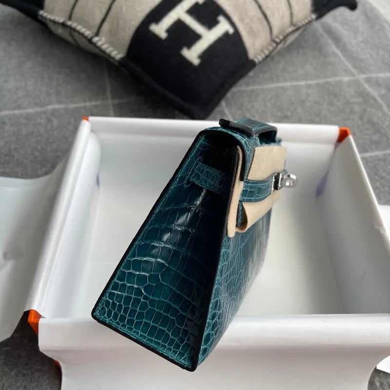 KELLY POCHETTE SHINY (LISSE) MISSISSIPPIENSIS ALLIGATOR LEATHER BLEU IZMIR WITH PALLADIUM HARDWARE (PHW) - 4