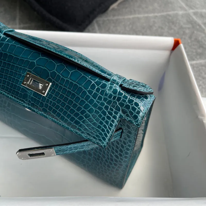 KELLY POCHETTE SHINY (LISSE) MISSISSIPPIENSIS ALLIGATOR LEATHER BLEU IZMIR WITH PALLADIUM HARDWARE (PHW) - 7
