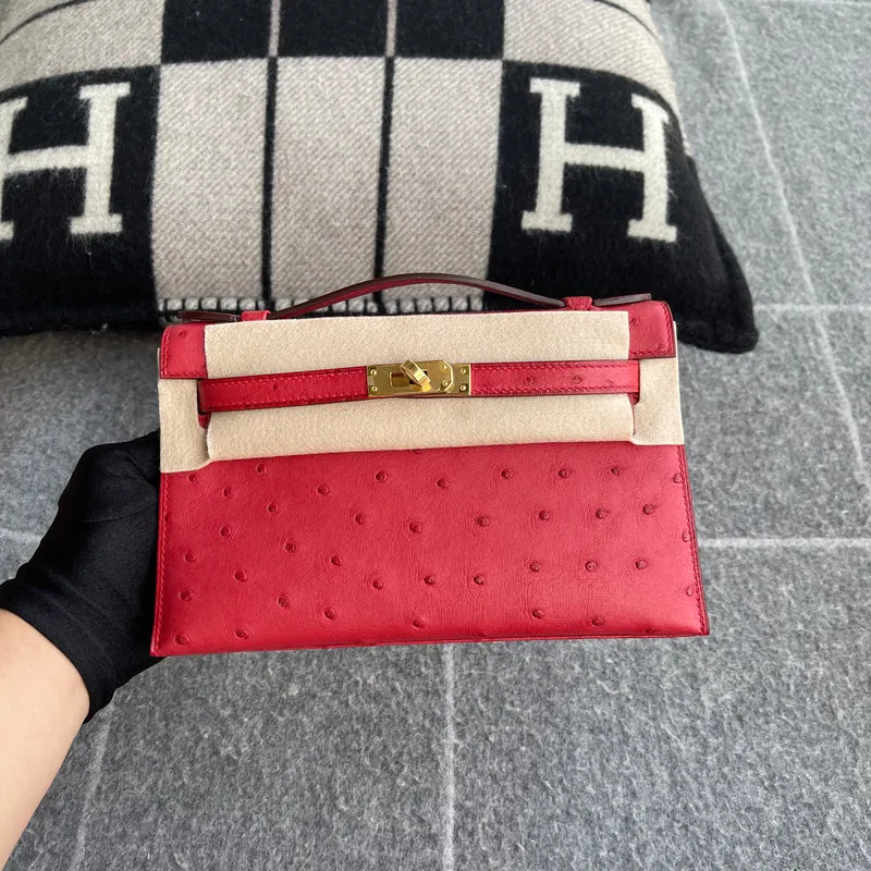 KELLY POCHETTE OSTRICH LEATHER ROUGE VIF WITH GOLD HARDWARE (GHW) - 3