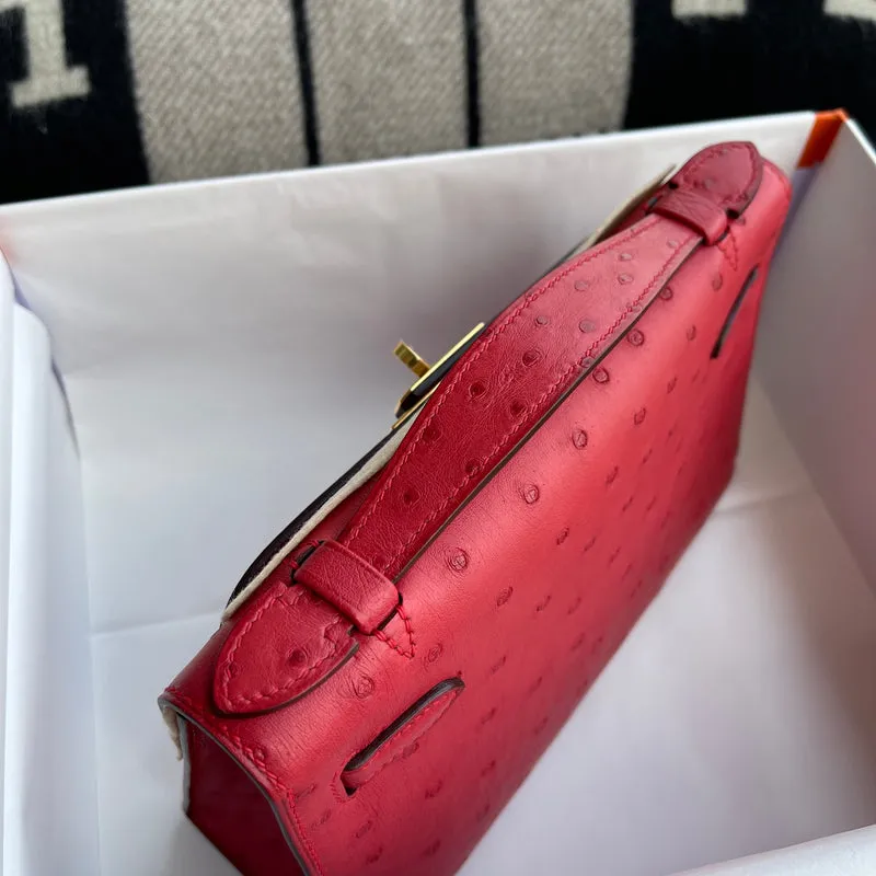 KELLY POCHETTE OSTRICH LEATHER ROUGE VIF WITH GOLD HARDWARE (GHW) - 7