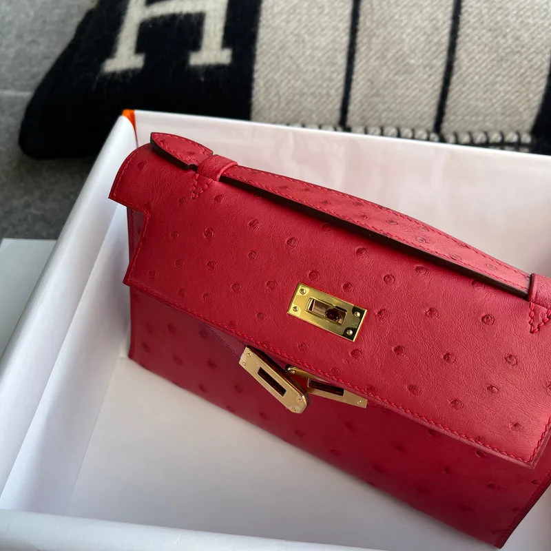 KELLY POCHETTE OSTRICH LEATHER ROUGE VIF WITH GOLD HARDWARE (GHW) - 5