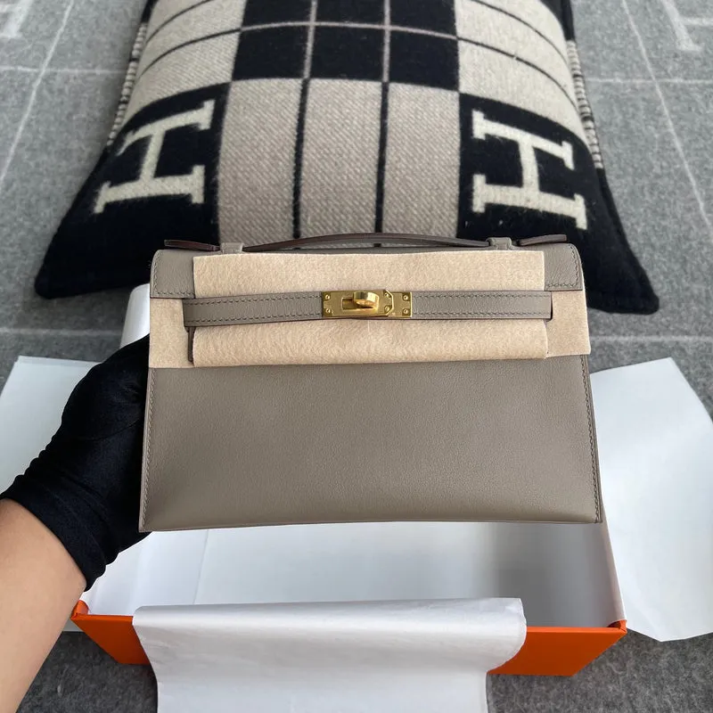 KELLY POCHETTE SWIFT LEATHER GRIS ASPHALTE WITH GOLD HARDWARE (GHW) - 2