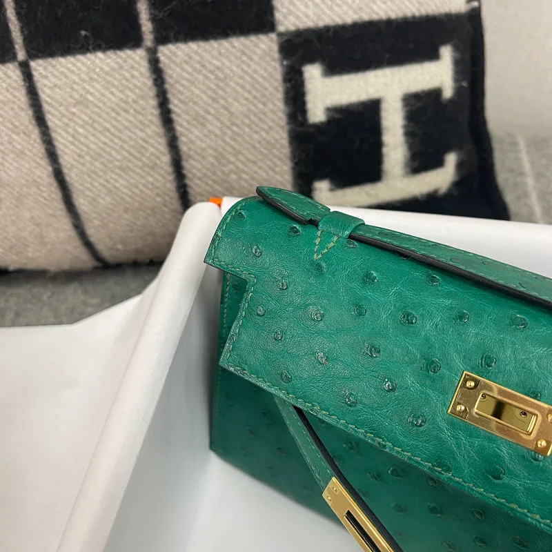 KELLY POCHETTE OSTRICH LEATHER VERT VERTIGO WITH GOLD HARDWARE (GHW) - 3