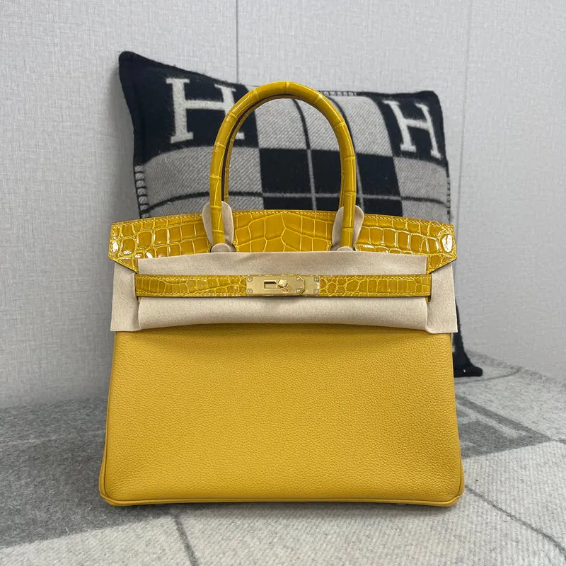 BIRKIN 30 TOUCH SHINY (LISSE) MISSISSIPPIENSIS ALLIGATOR LEATHER & TOGO LEATHER JAUNE AMBRE WITH GOLD HARDWARE (GHW) - 1