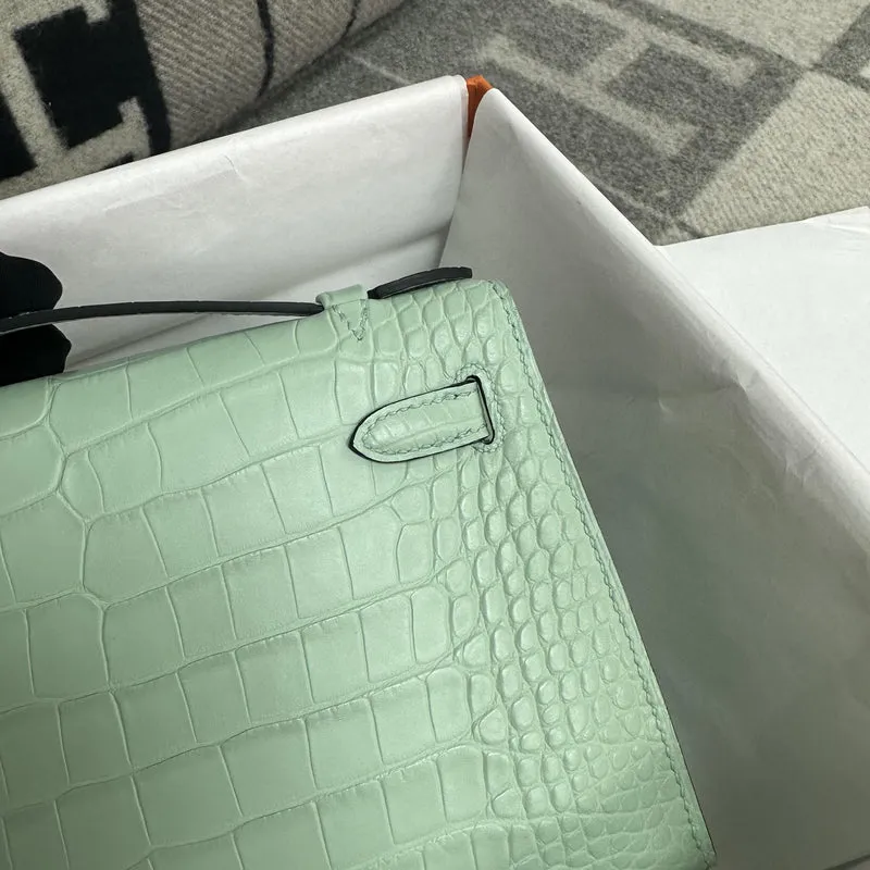 KELLY POCHETTE MATTE MISSISSIPPIENSIS ALLIGATOR LEATHER VERT D'EAU WITH GOLD HARDWARE (GHW) - 9