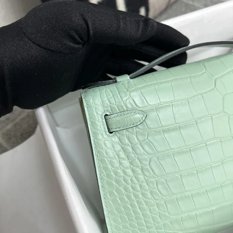 KELLY POCHETTE MATTE MISSISSIPPIENSIS ALLIGATOR LEATHER VERT D'EAU WITH GOLD HARDWARE (GHW) - 10