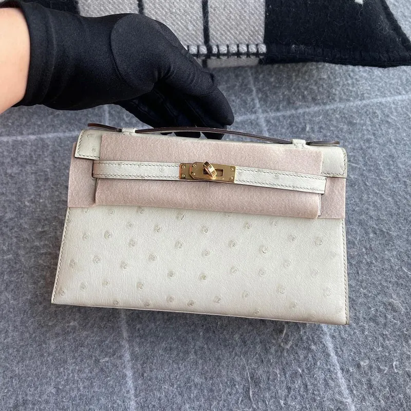 KELLY POCHETTE OSTRICH LEATHER PARCHEMIN (3C) WITH GOLD HARDWARE (GHW) - 2