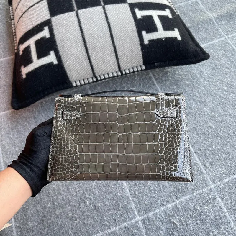 KELLY POCHETTE SHINY MISSISSIPPIENSIS ALLIGATOR LEATHER GRIS TOURTERELLE WITH GOLD HARDWARE (GHW) - 2
