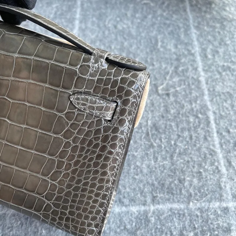 KELLY POCHETTE SHINY MISSISSIPPIENSIS ALLIGATOR LEATHER GRIS TOURTERELLE WITH GOLD HARDWARE (GHW) - 5