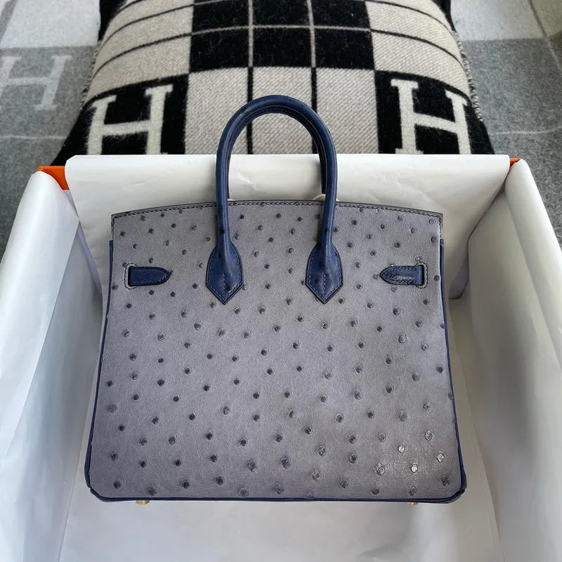 BIRKIN 25 OSTRICH LEATHER HORSESHOE STAMP (HSS) BI-COLOR GRIS AGATE & BLEU IRIS GOLD HARDWARE (GHW) - 2