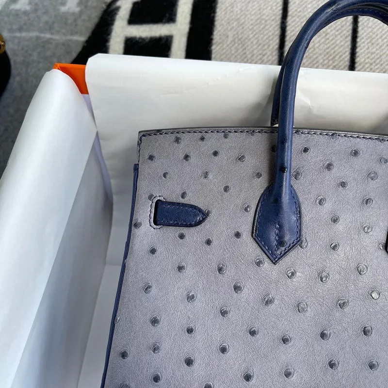 BIRKIN 25 OSTRICH LEATHER HORSESHOE STAMP (HSS) BI-COLOR GRIS AGATE & BLEU IRIS GOLD HARDWARE (GHW) - 5