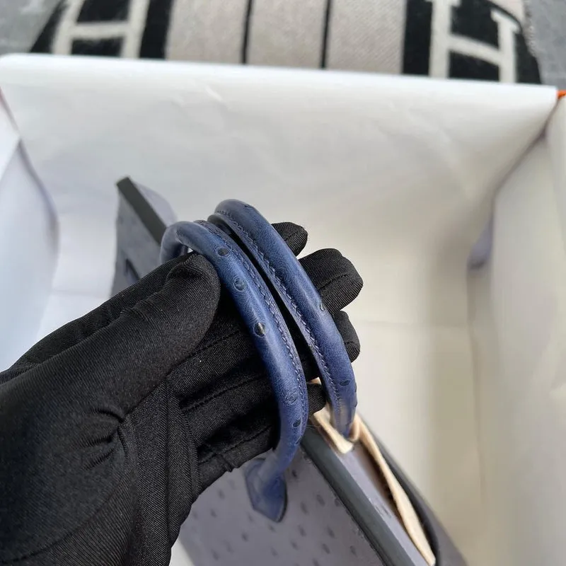 BIRKIN 25 OSTRICH LEATHER HORSESHOE STAMP (HSS) BI-COLOR GRIS AGATE & BLEU IRIS GOLD HARDWARE (GHW) - 4