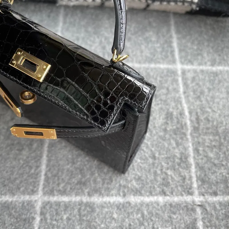 MINI KELLY II (20) SHINY MISSISSIPPIENSIS ALLIGATOR LEATHER NOIR (BLACK) WITH GOLD HARDWARE (GHW) - 4