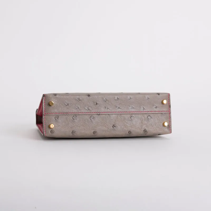 MINI KELLY II (20) OSTRICH LEATHER HORSESHOE STAMP (HSS) BI-COLOR GRIS ASPHALTE & ROSE TYRIEN WITH GOLD HARDWARE (GHW) - 6