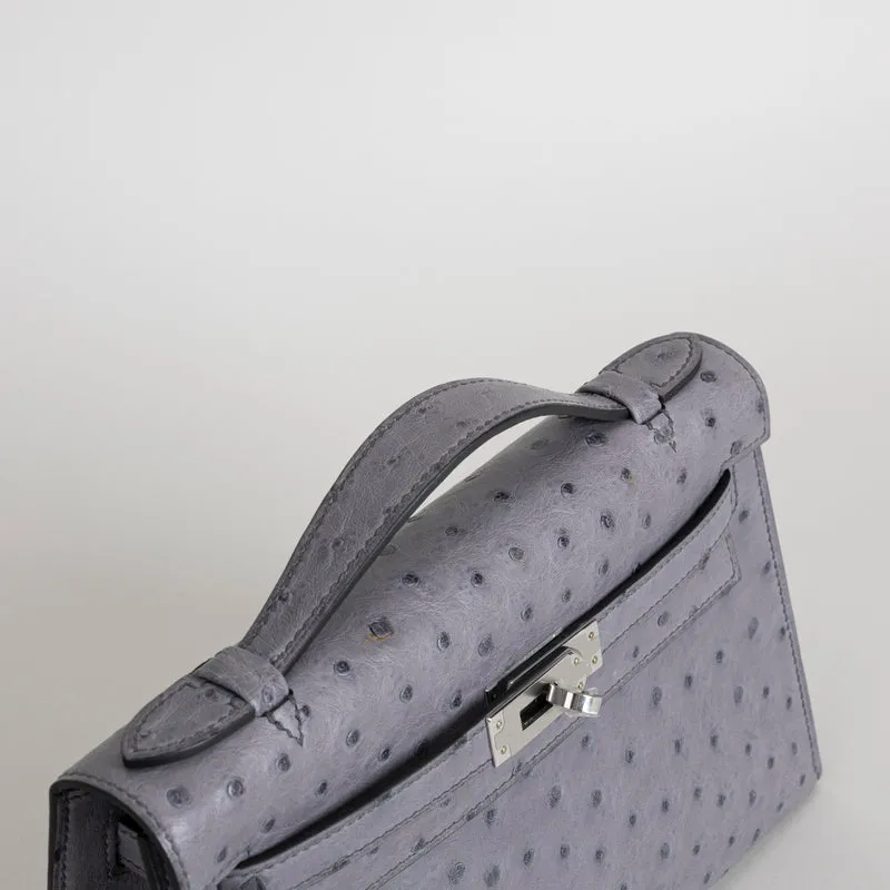 KELLY POCHETTE OSTRICH LEATHER GRIS AGATE WITH PALLADIUM HARDWARE (PHW) - 3