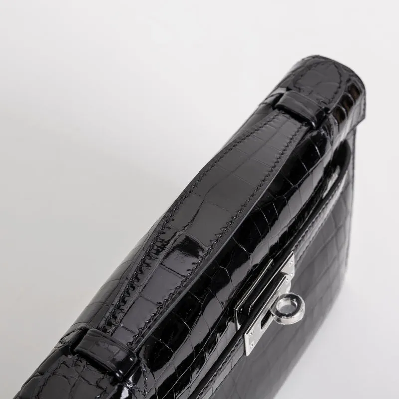 KELLY POCHETTE SHINY (LISSE) NILOTICUS CROCODILE LEATHER NOIR (BLACK) WITH PALLADIUM HARDWARE (PHW) - 6