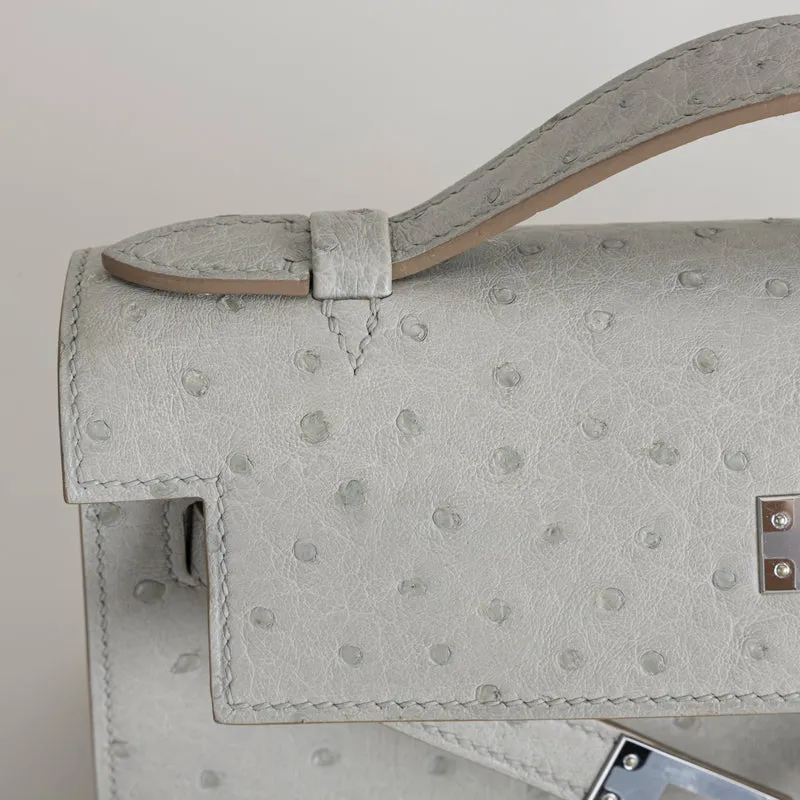 KELLY POCHETTE OSTRICH LEATHER GRIS PERLE WITH PALLADIUM HARDWARE (PHW) - 6