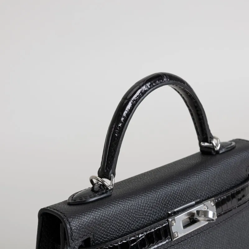 MINI KELLY II (20) TOUCH SHINY MISSISSIPPIENSIS ALLIGATOR LEATHER & EPSOM LEATHER NOIR (BLACK) WITH PALLADIUM HARDWARE (PHW) - 4
