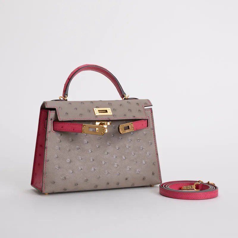 MINI KELLY II (20) OSTRICH LEATHER HORSESHOE STAMP (HSS) BI-COLOR GRIS ASPHALTE & ROSE TYRIEN WITH GOLD HARDWARE (GHW) - 4