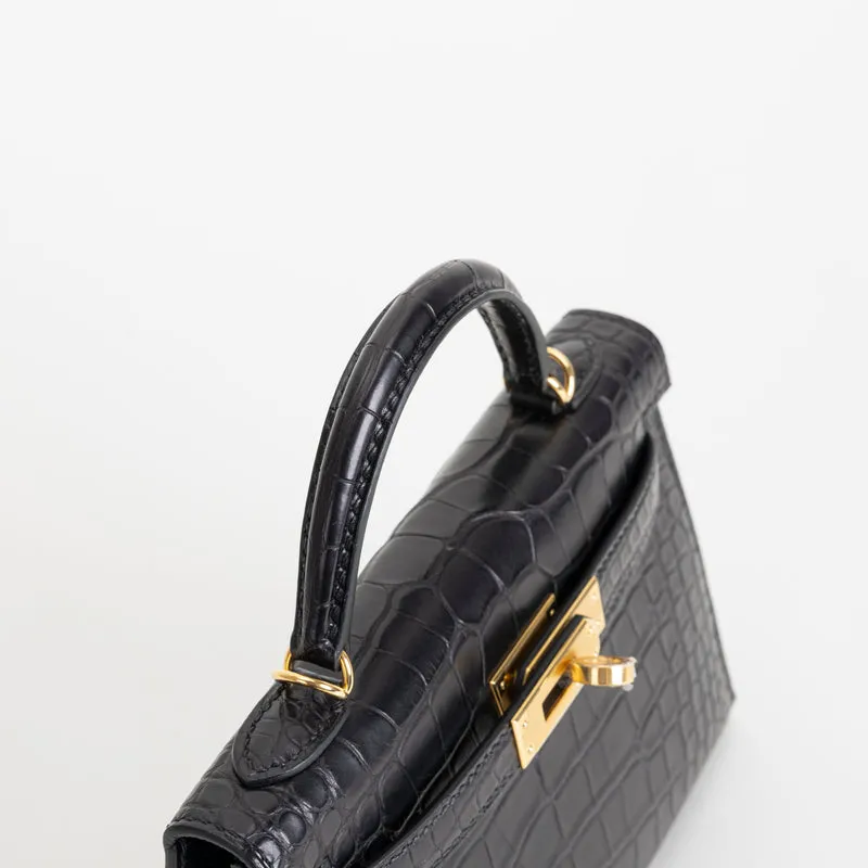 MINI KELLY II (20) MATTE MISSISSIPPIENSIS ALLIGATOR LEATHER NOIR (BLACK) WITH GOLD HARDWARE (GHW) - 3