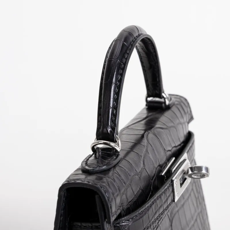 MINI KELLY II (20) MATTE MISSISSIPPIENSIS ALLIGATOR LEATHER NOIR (BLACK) WITH PALLADIUM HARDWARE (PHW) - 4