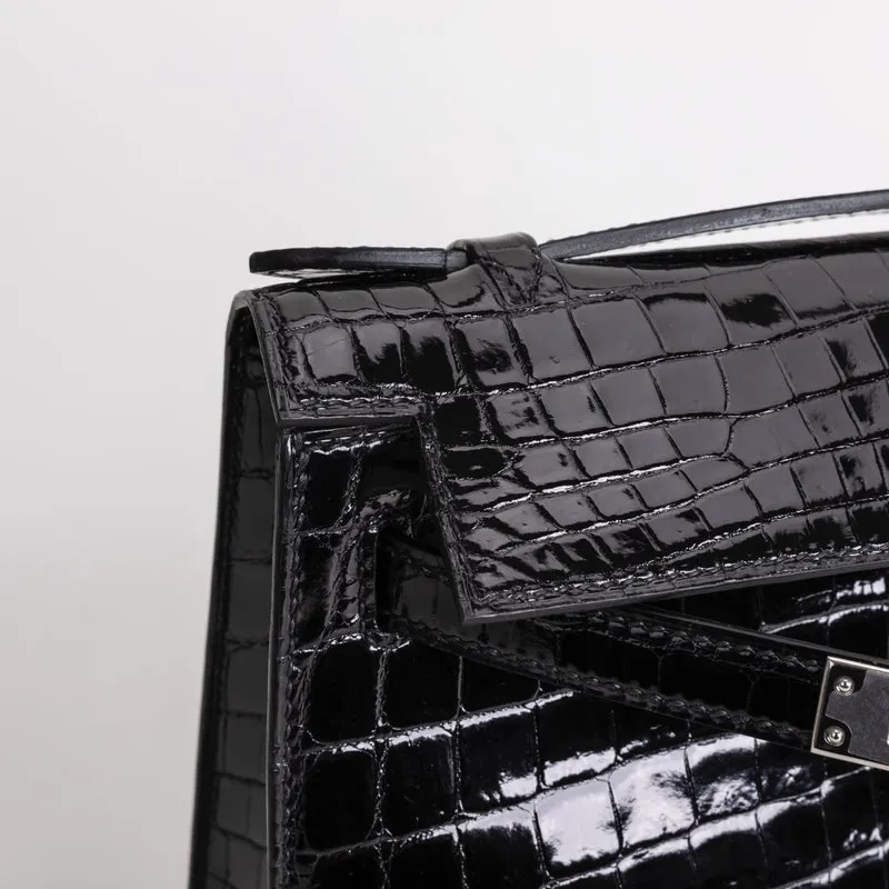KELLY POCHETTE SHINY (LISSE) NILOTICUS CROCODILE LEATHER NOIR (BLACK) WITH PALLADIUM HARDWARE (PHW) - 4